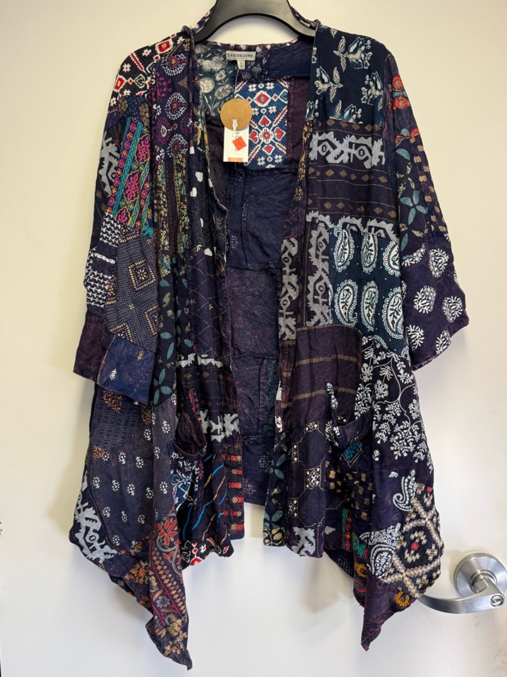Earthbound patchwork bohemian Kimono Size L XL Midi Sleeve Open Front Paisley